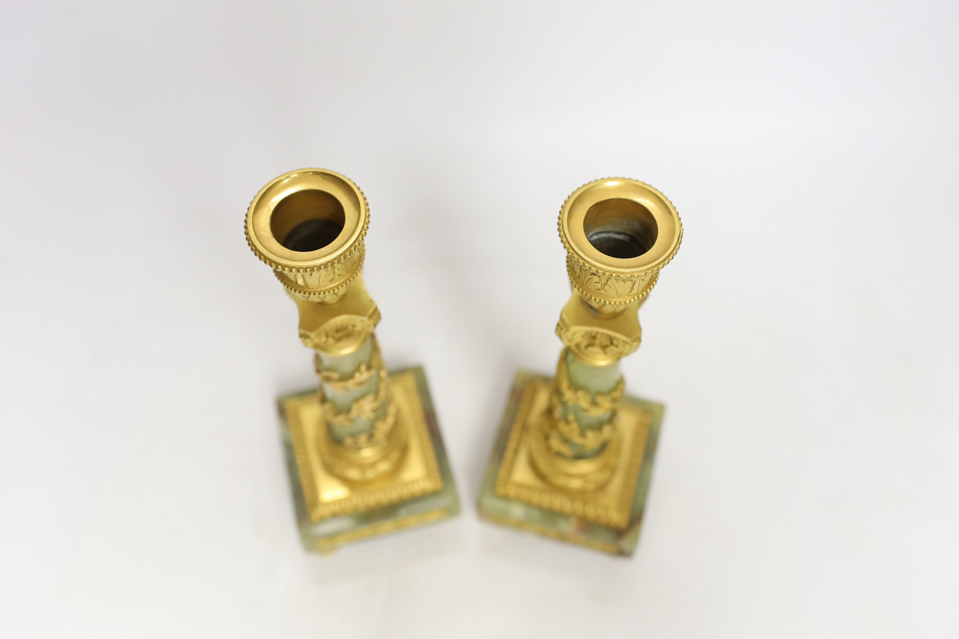 A pair of Neo-classical revival green onyx and ormolu candlesticks, c1900, 20cm high